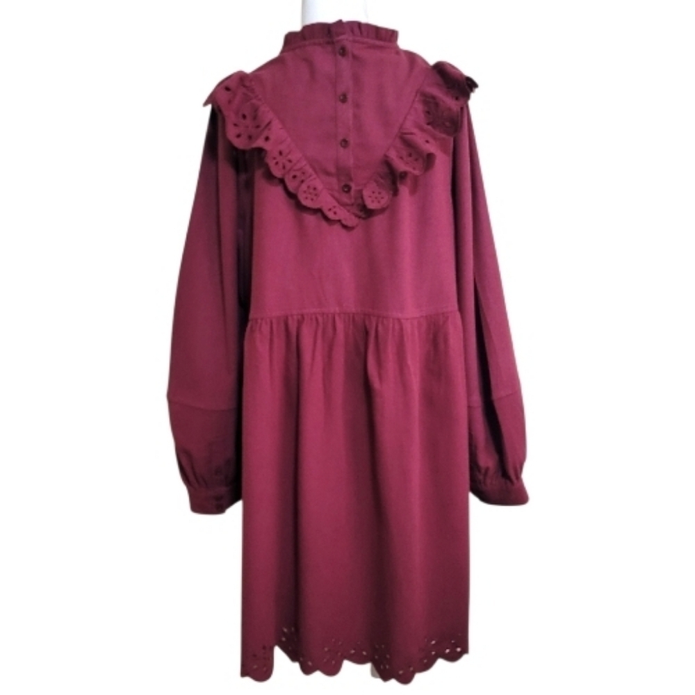 Madewell Embroidered Ruffled Flannel Mini Dress In Vintage Mulberry. Cottagecore - Picture 9 of 14